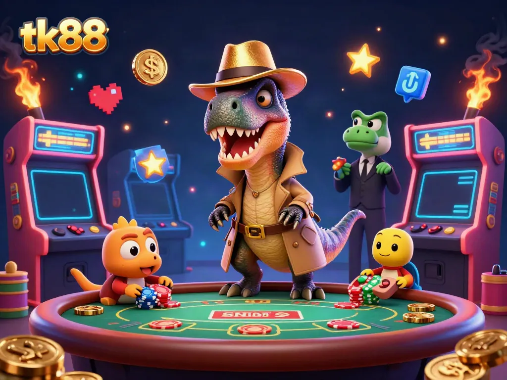 Encounter thrilling game scenarios with tk88, featuring a velociraptor at the blackjack table and a vibrant casino setting.