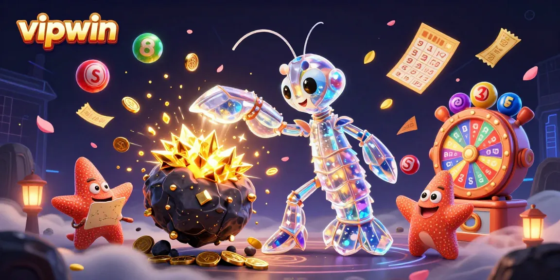 Experience the vibrant world of vipwin with a galactic mantis shrimp and starfish in an action-packed casino scene.