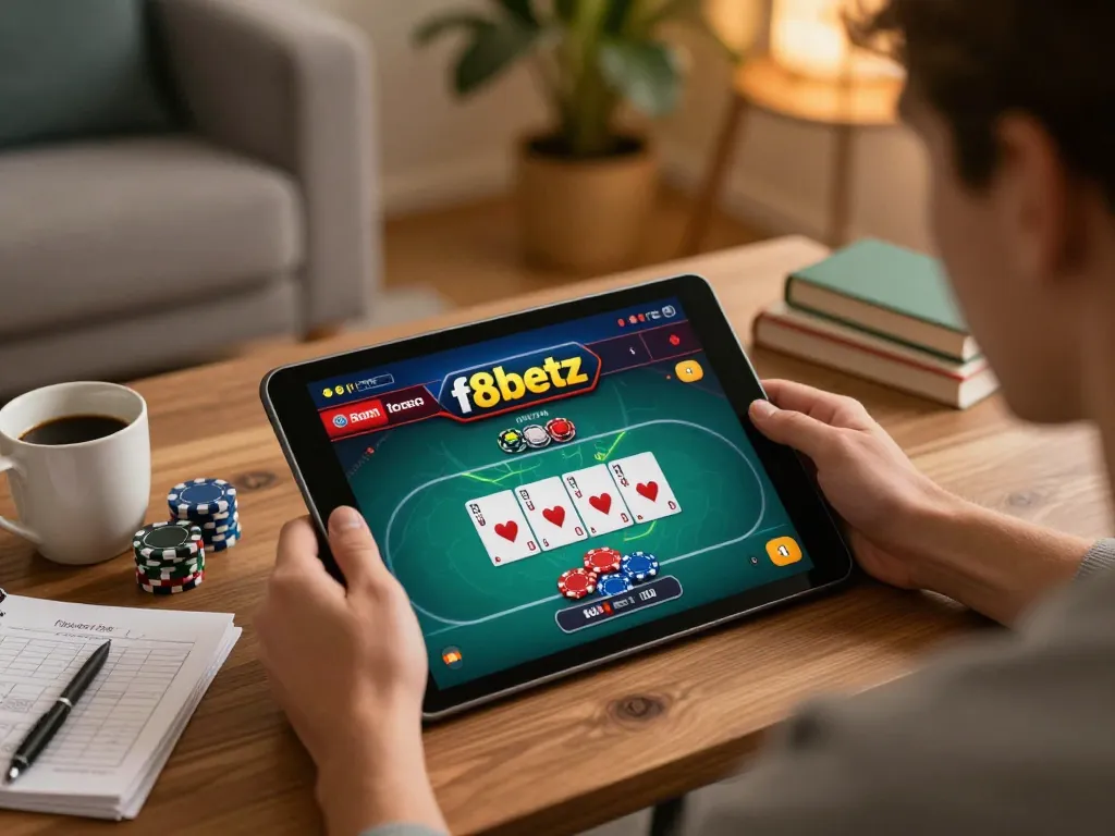 Player engaged in online f8betz poker game at home, surrounded by strategy notes, showcasing responsible gambling.