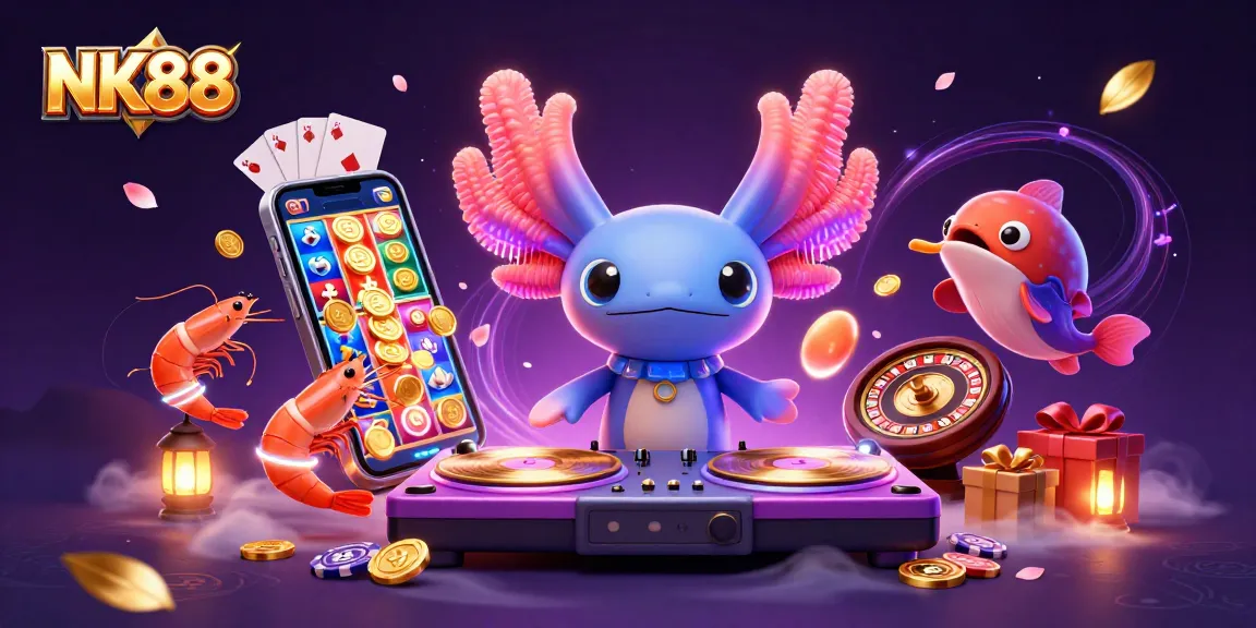 Experience the vibrant energy of NK88 with a neon axolotl DJ and lively underwater casino scene.