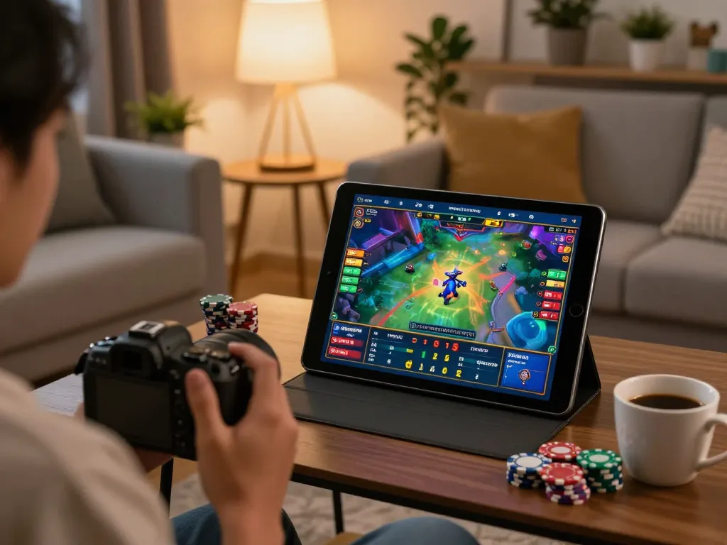 Engaging in an exciting game online while relaxing at home with tablet and betting chips.