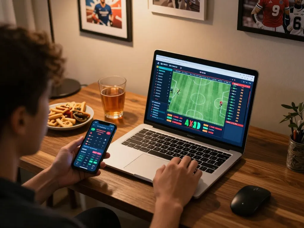 Engaged user placing a sports bet on nhandinhkeonhacai, showcasing a modern betting setup.