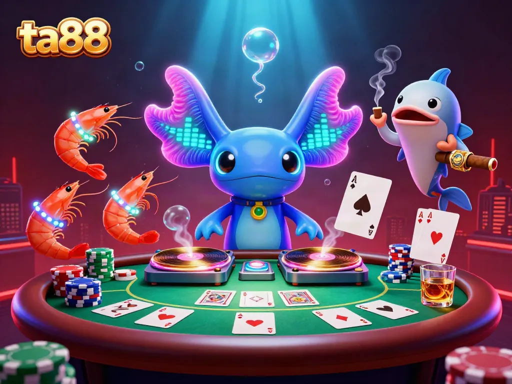 Experience the vibrant world of ta88 with neon axolotls and poker action in this dynamic casino scene.