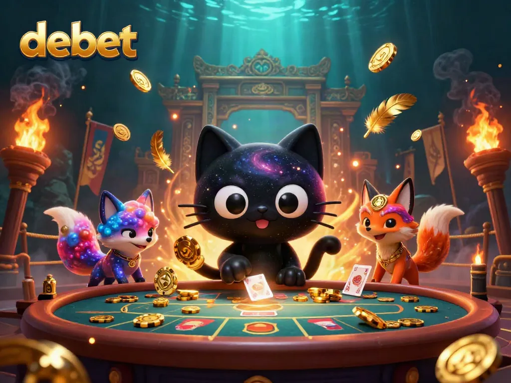 Engage in the electrifying universe of debet with a cosmic casino scene featuring vibrant characters and dynamic elements.
