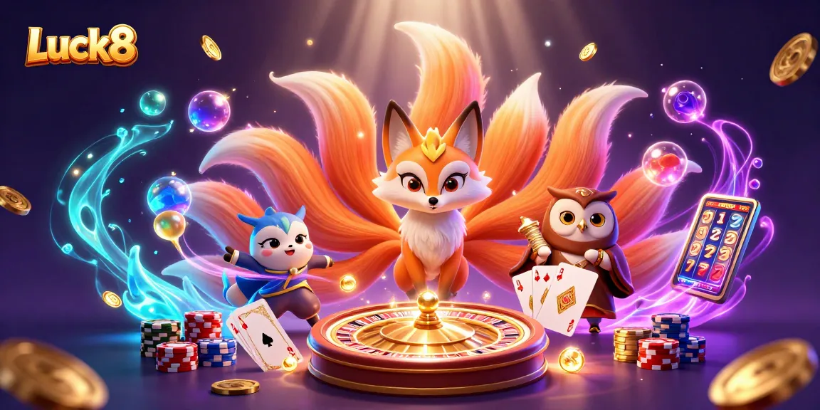 Experience the excitement at Luck8 with a vibrant 3D casino illustration showcasing magical elements and winning potential.