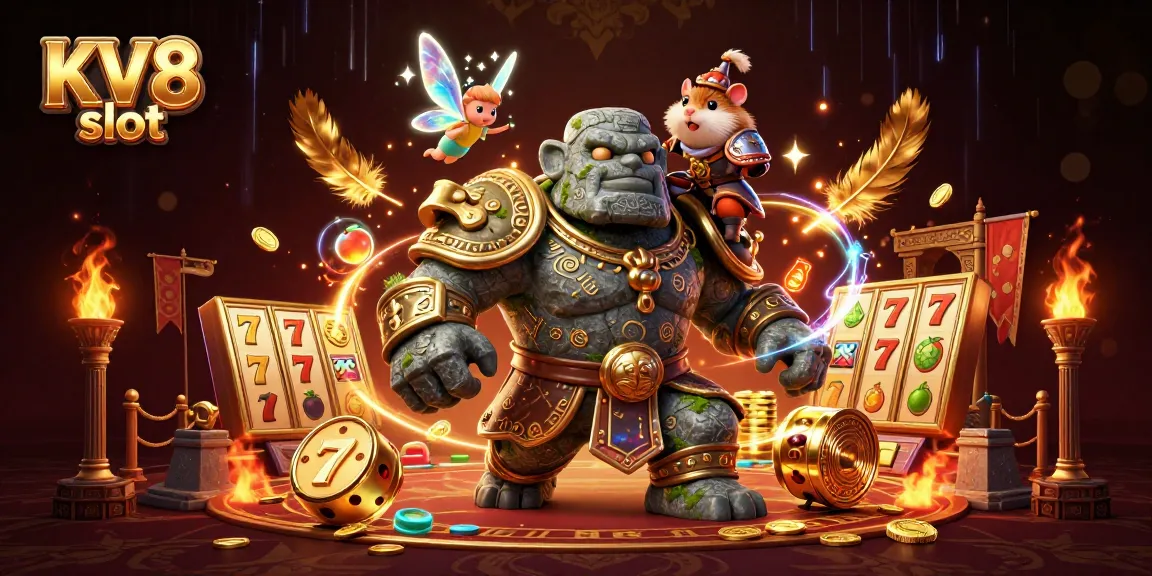 Experience the excitement of KV8 slot with ancient guardians and magical elements in a vivid 3D digital casino