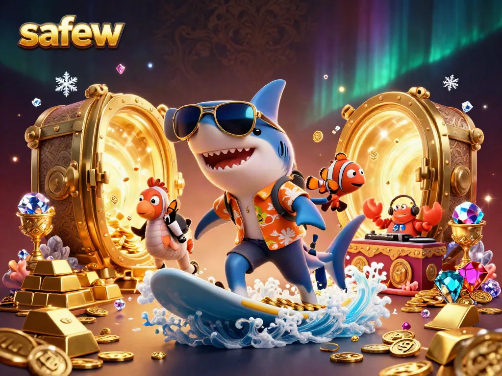 Engaging safew illustration with a shark and friends immersed in a vibrant casino adventure.