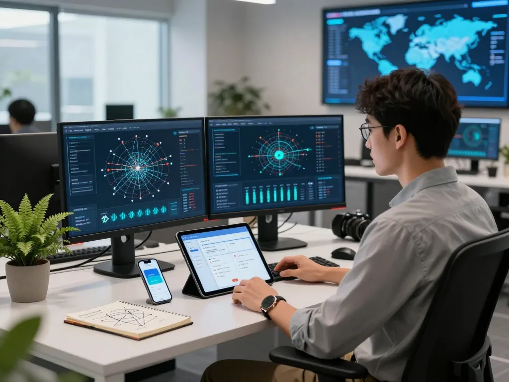 快连 network optimization scene showcasing advanced tech features in a digital workspace.