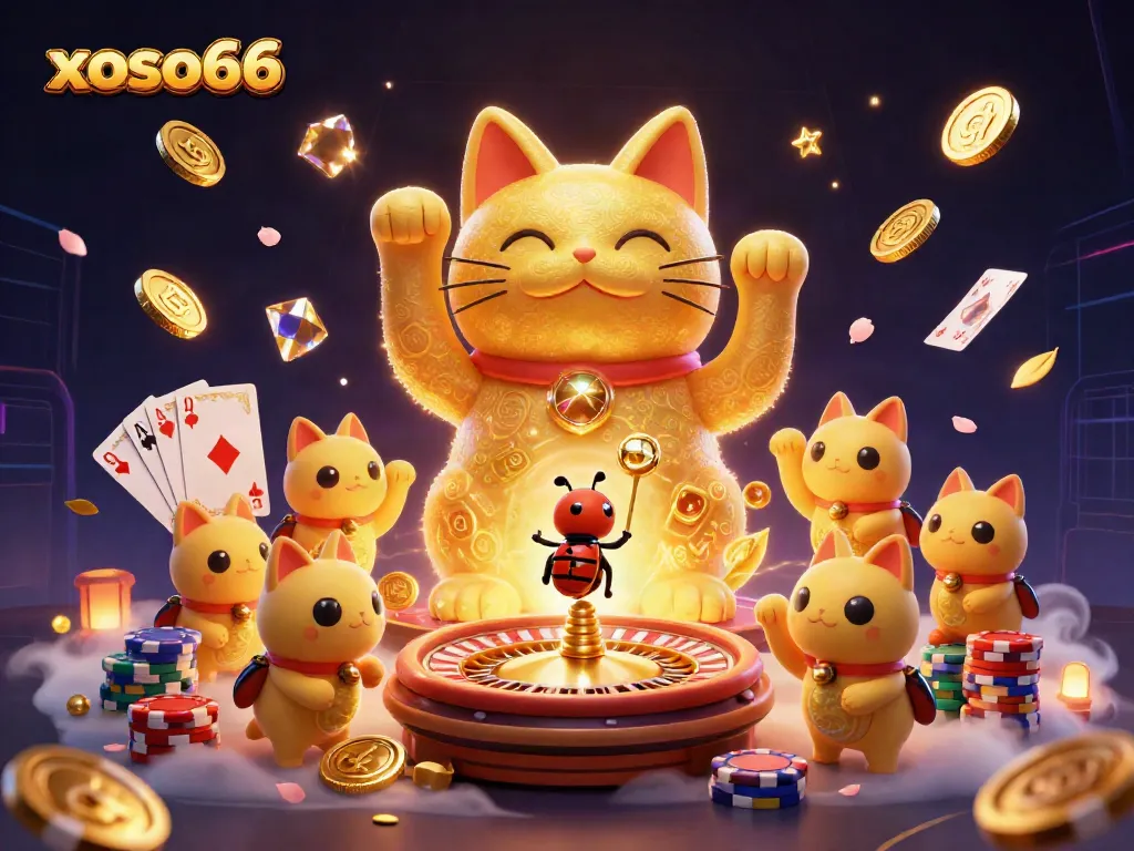 Experience the magic of xoso66 with a giant lucky cat made of golden fireflies amidst casino symbols and vibrant game elements.