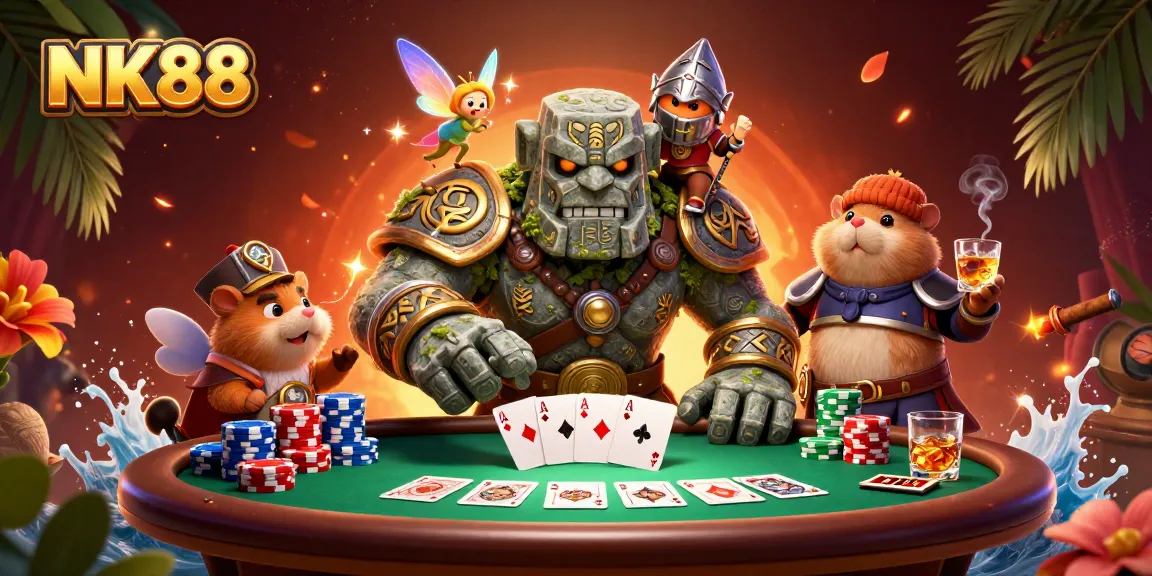 Experience the thrill of NK88 with an enchanting 3D casino scene featuring a golem, fairy, and hamster knight.