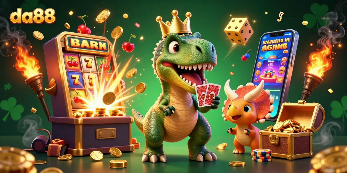 Experience winning moments at da88 with a charming T-Rex and colorful casino elements.