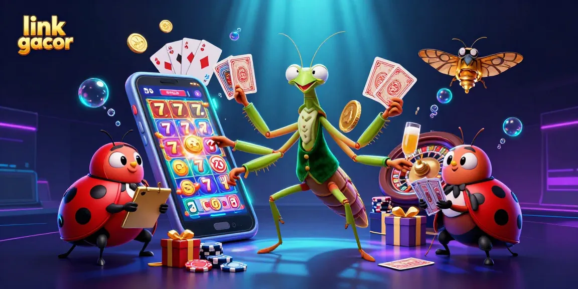 Experience thrilling play with link gacor as a praying mantis card sharp and ladybug pit boss command a vibrant casino scene.