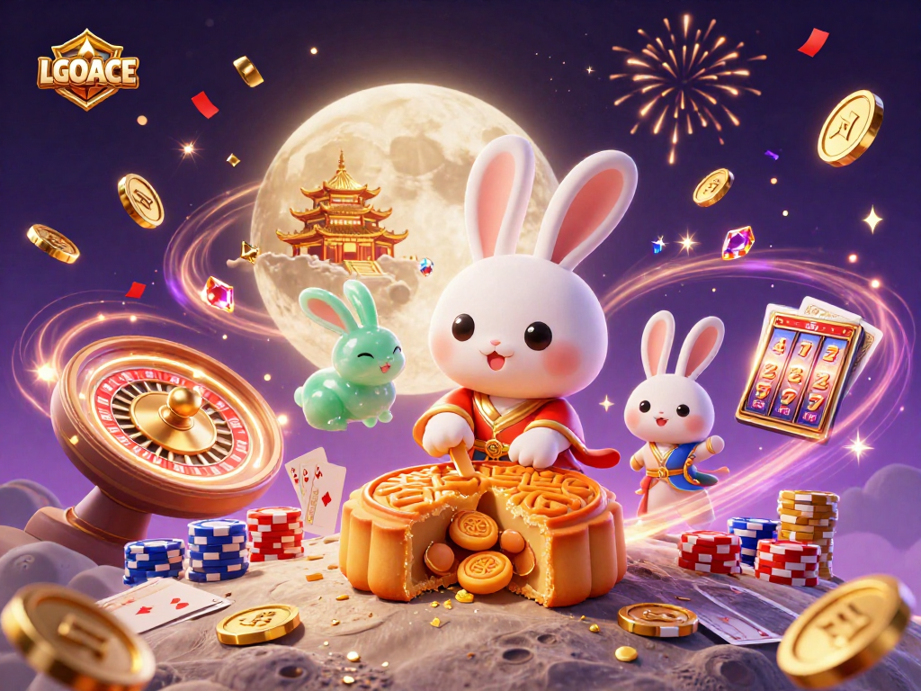 LGOACE showcases a vibrant illustration of a moon rabbit revealing poker chip-filled mooncakes amidst cascading casino treasures.