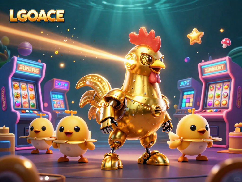 Engage with LGOACE slot gameplay featuring a golden rooster robot and baby chicks, immersing in arcade themes.