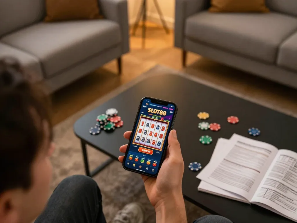 SLOT88 online gaming session showcasing a smartphone slot app with cozy home atmosphere and strategy notes