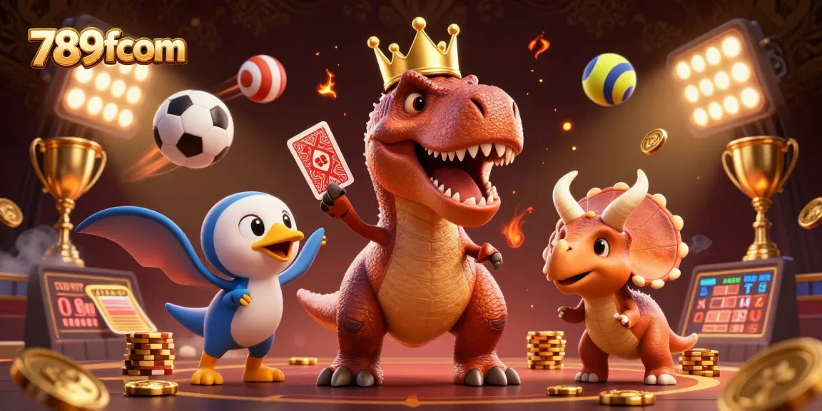 Engage with 789fcom's exciting 3D cartoon scene of a T-Rex shuffling cards and a pterodactyl assisting, surrounded by dynamic sports elements.