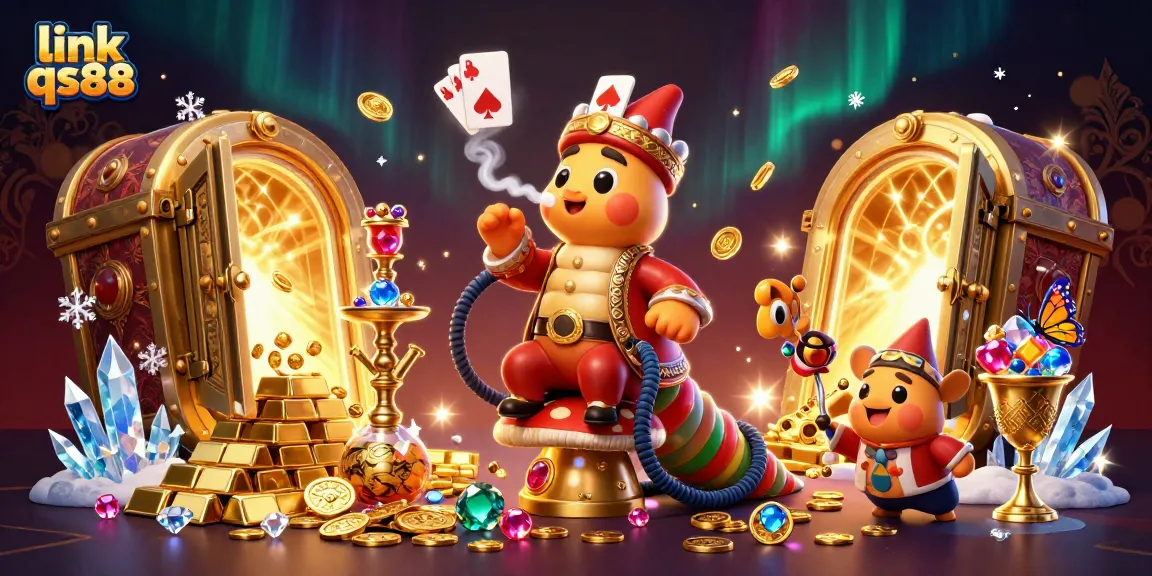 Experience the thrill at link qs88, featuring a vibrant casino scene with dazzling treasures and gambling elements.