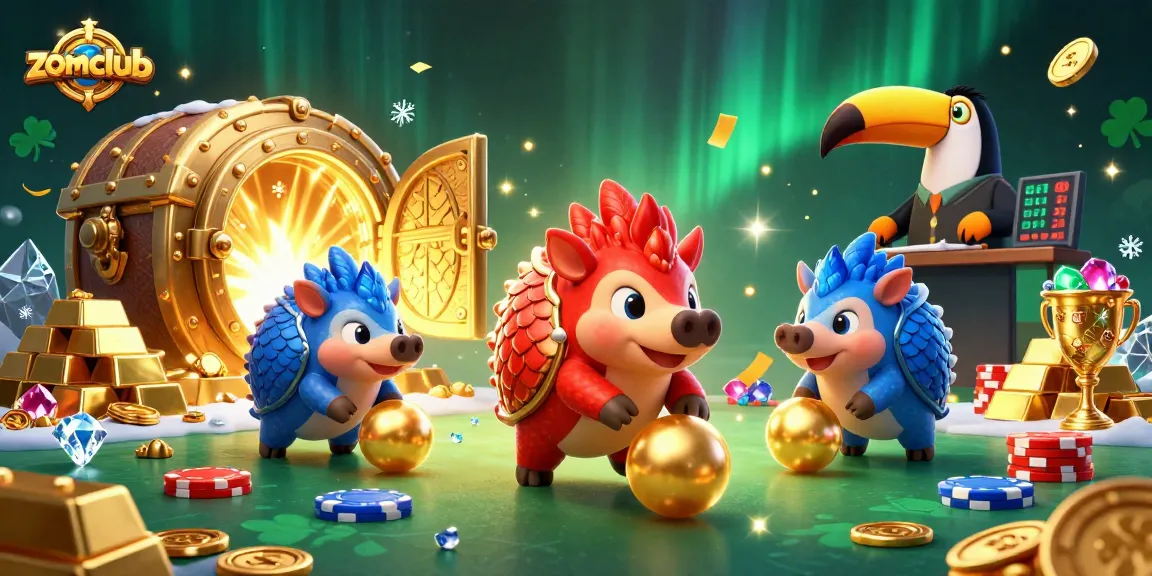 Zomclub pangolins compete in a colorful casino challenge surrounded by treasures and poker chips.