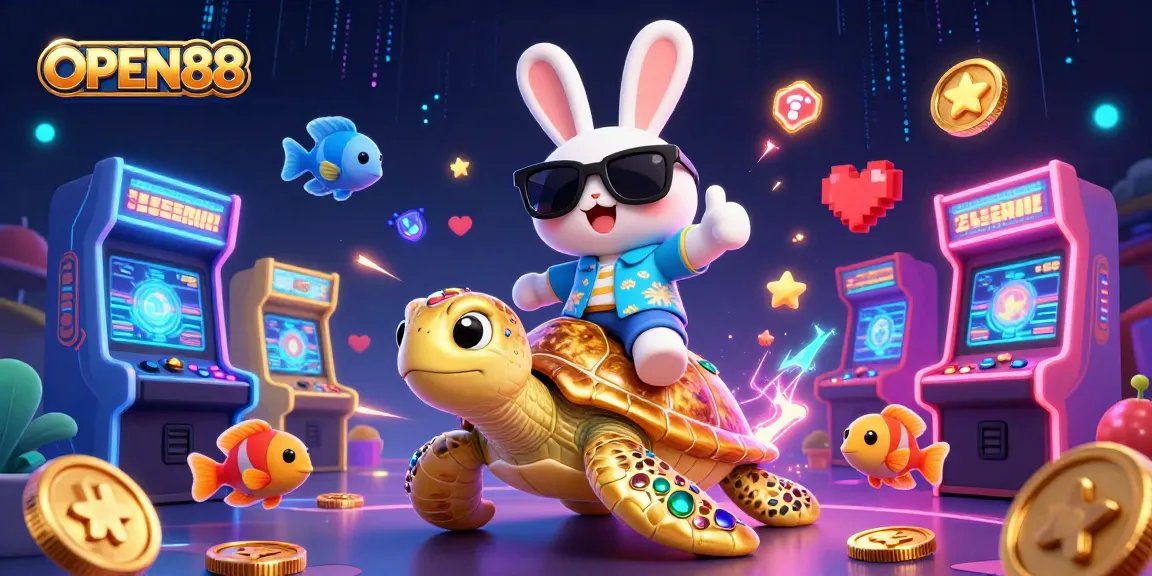 Play exciting games at OPEN88 with a lucky rabbit and a golden sea turtle amidst vibrant casino elements.