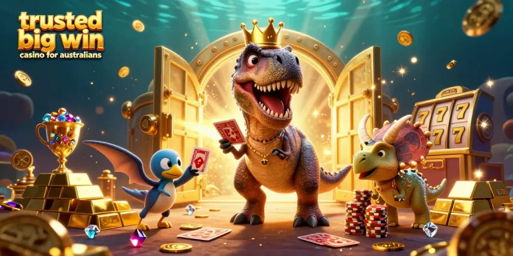 Experience the excitement at trusted big win casino for australians with cartoon dinosaurs surrounded by slot machines and treasures.