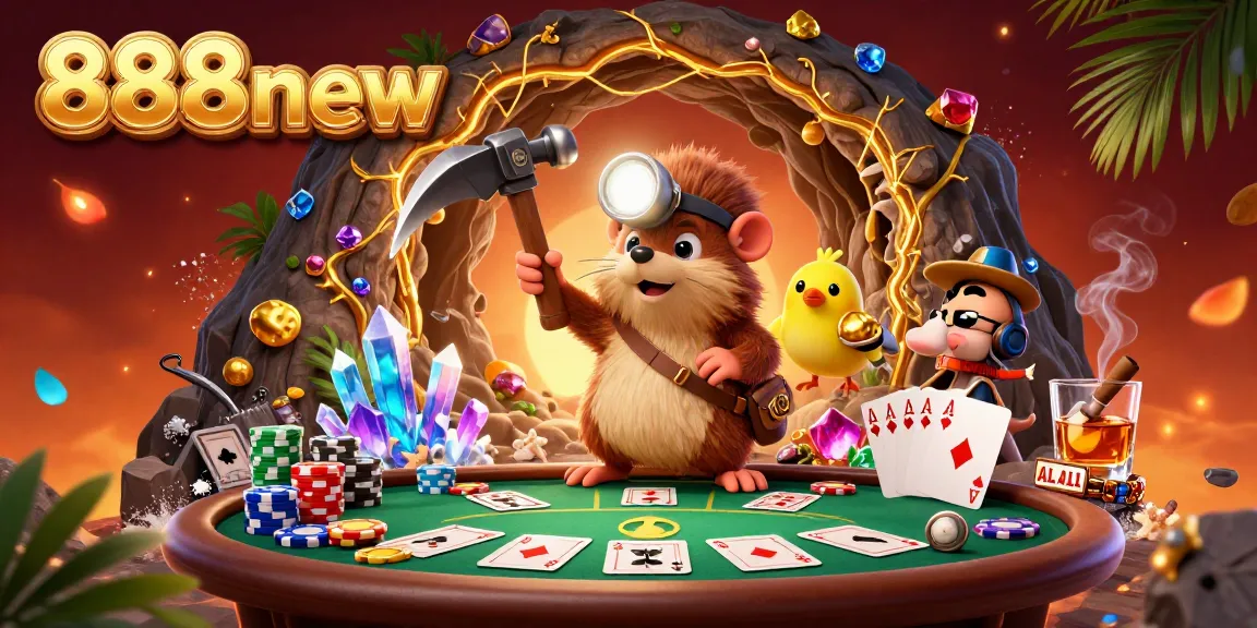 Engage with the thrilling atmosphere of 888new, where a treasure hunter and canary discover riches amid poker excitement.
