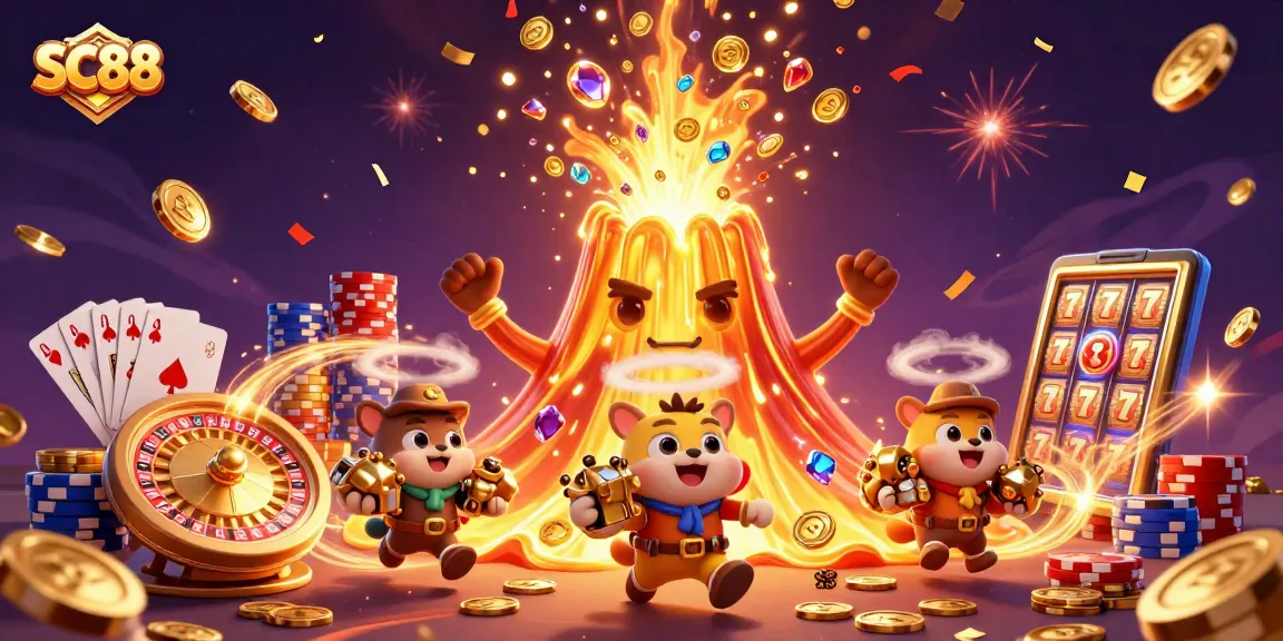 SC88 players chase rewards in a vivid casino-themed eruption of coins and treasure.