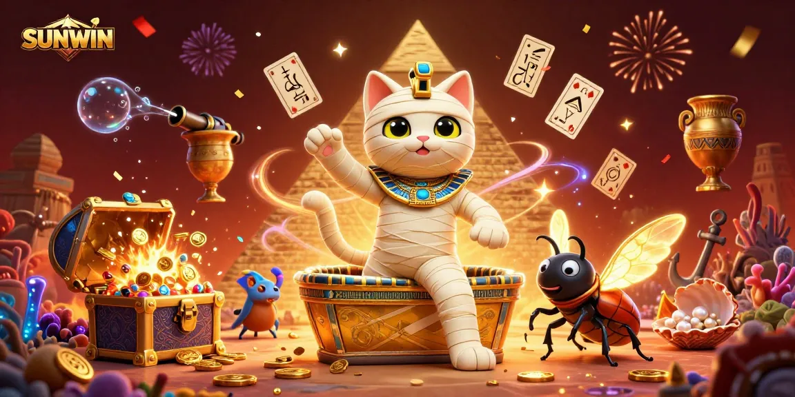 SUNWIN casino scene showcasing an Egyptian mummy cat, treasure, and glowing elements celebrating big wins.