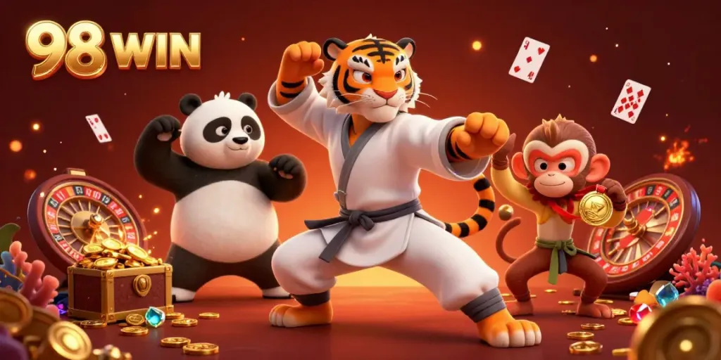 Experience thrilling live casino moments with 98 WIN as cartoon characters celebrate wins.