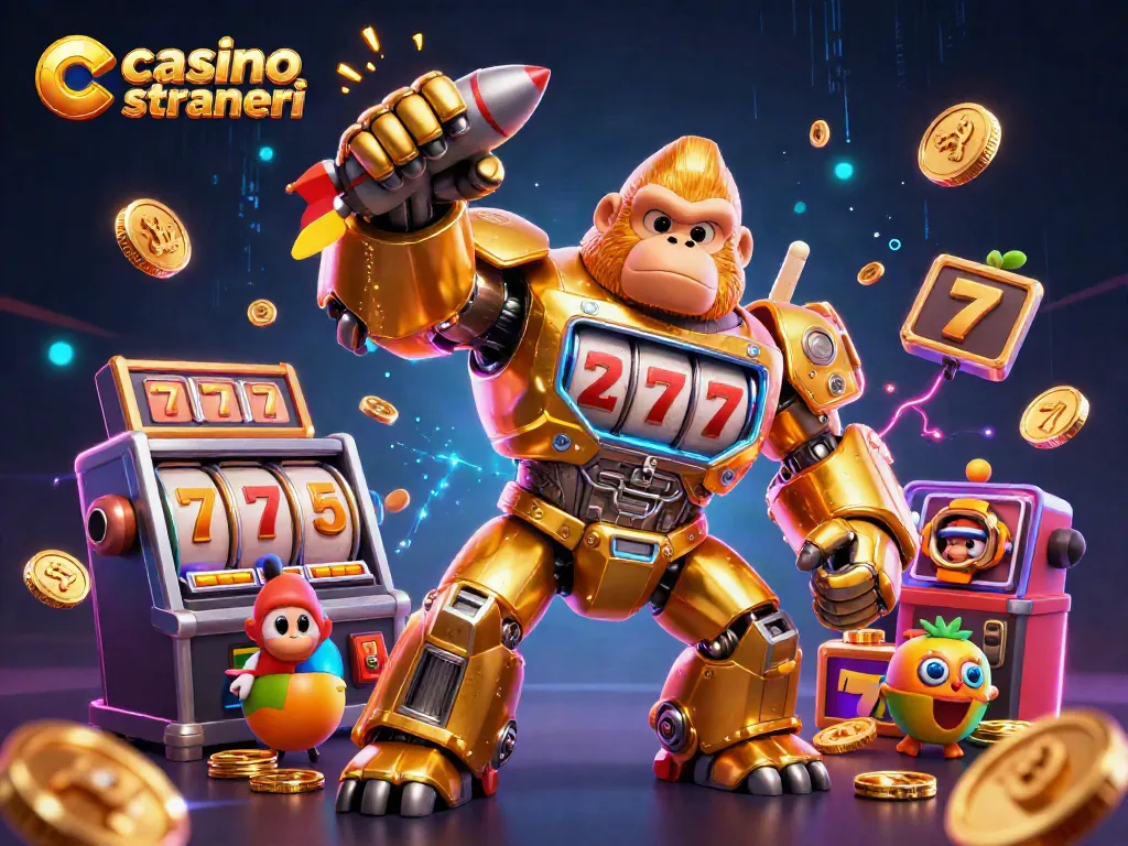 Gioca ai casinò online stranieri con un gorilla mech che simbolizza il divertimento e la vincita.