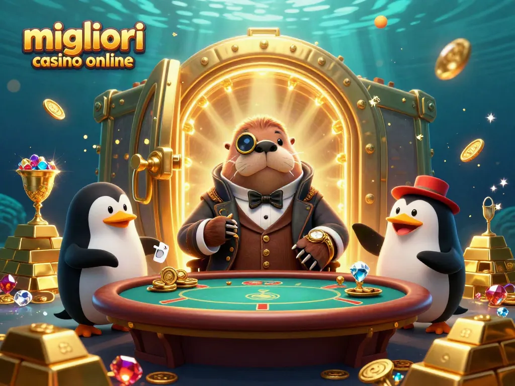 Gioca nei migliori casino online con questa illustrazione di tricheco e pinguino al tavolo da poker