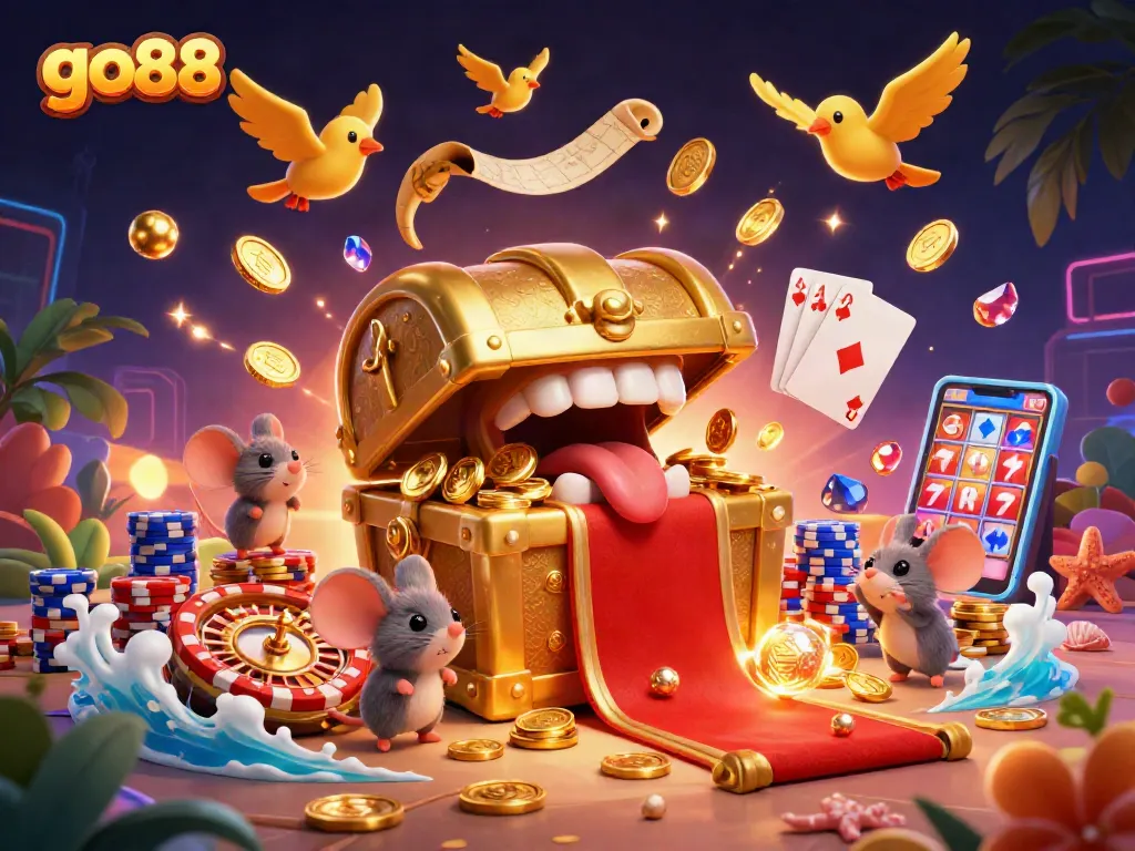 Experience the thrilling world of go88 with a vibrant 3D casino illustration featuring a treasure chest and adventure themes.