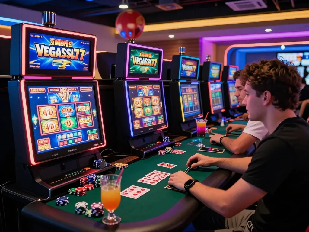 Friends enjoying the thrill of online gaming on vegasslot77.com with vibrant casino atmosphere.