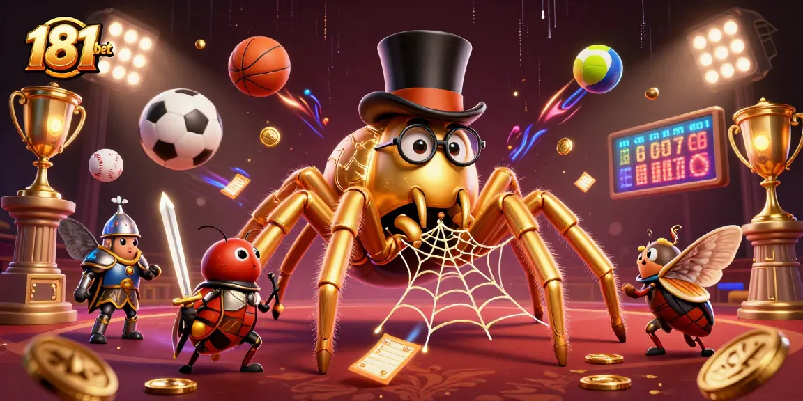 Engage with the vibrant action from 181bet, where golden tarantula weaves winning bets in a lively casino scene.