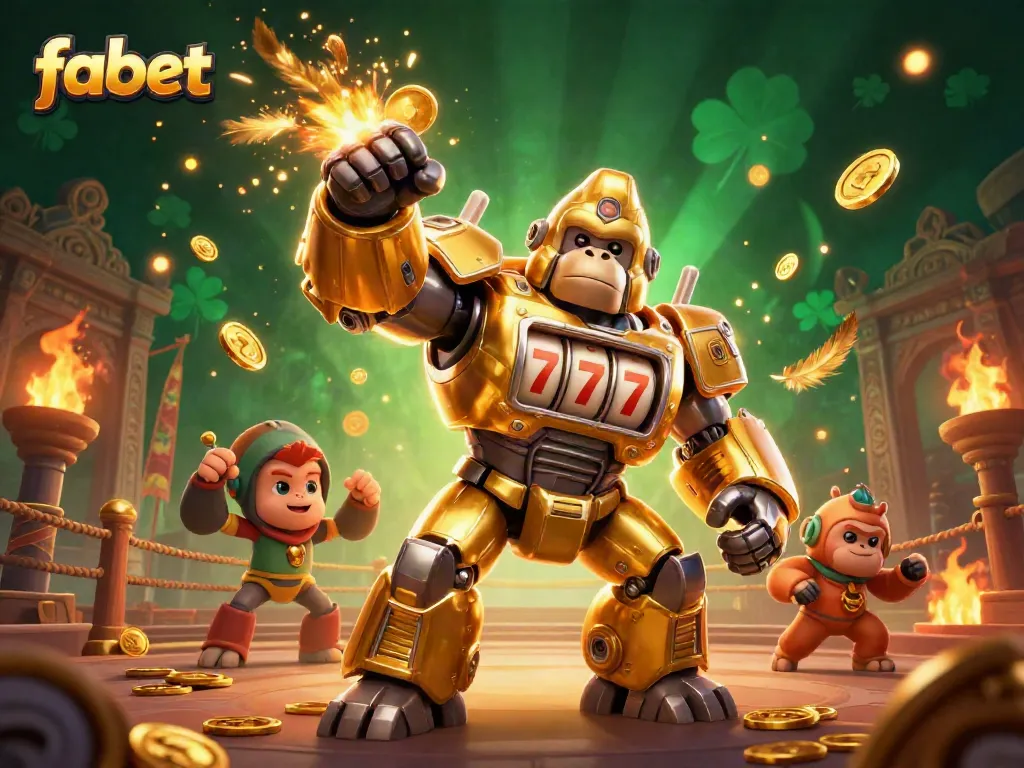 Experience thrills at fabet with a captivating 3D illustration showcasing a golden gorilla mech in a dynamic gaming scene.