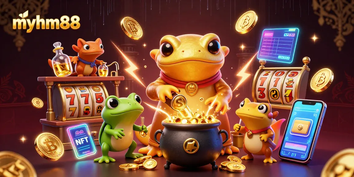 Experience exciting slots and jackpots at myhm88, featuring a golden salamander alchemist in a vibrant, magic-filled scene.