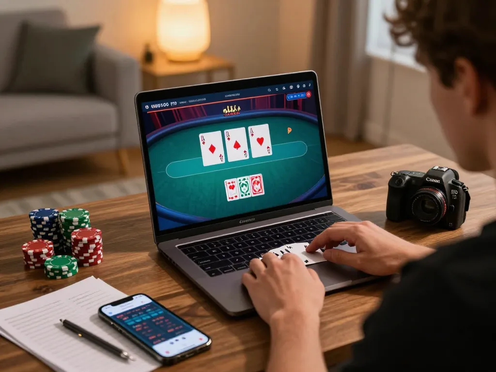 Player engaging in a thrilling online poker game at home with hay88x on laptop.