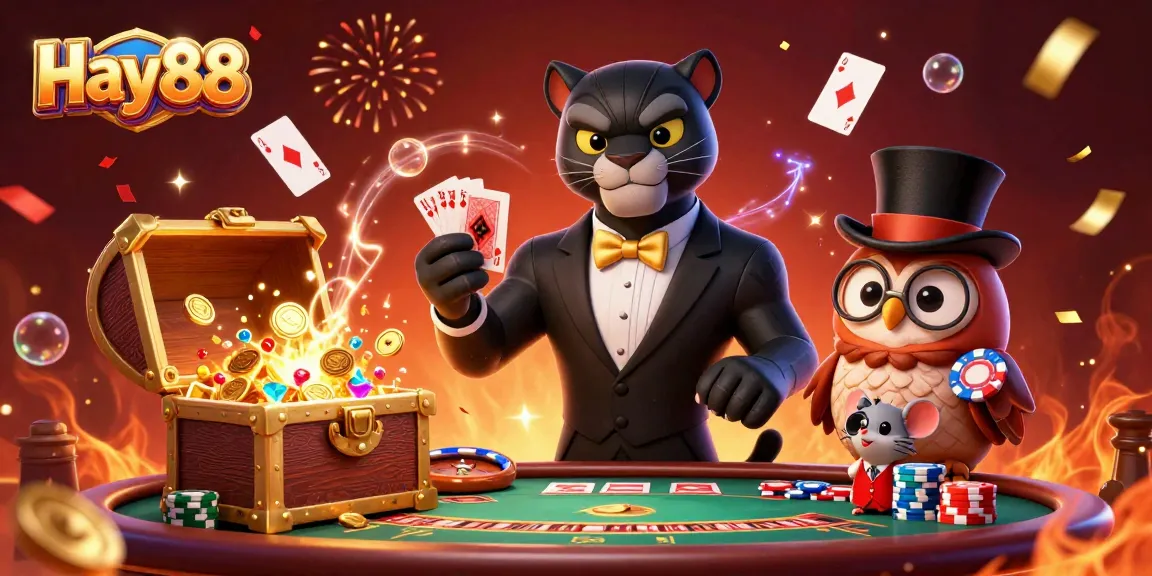 Engage in exciting card play at Hay88, featuring vibrant characters in a dynamic casino setting.