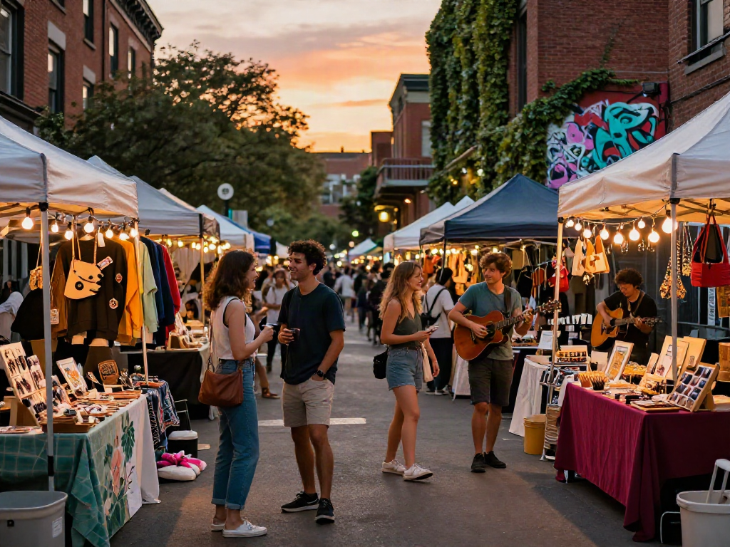 Rokok88 vibrant urban lifestyle scene at sunset, showcasing street market interactions and artisanal products.