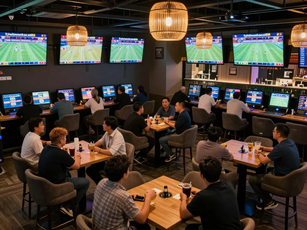 Experience real-time betting excitement at tylekeonhacai88's vibrant sports lounge with engaged bettors and live odds.