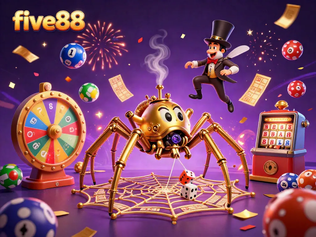 Experience the thrilling world of five88 with a steampunk spider, vibrant lottery elements, and magical energy.