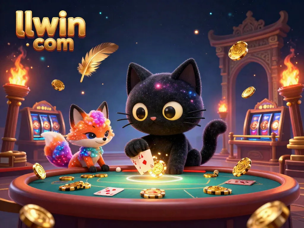 Engage with the magical world of llwin com, featuring a cosmic casino scene with a black hole cat and nebula fox.