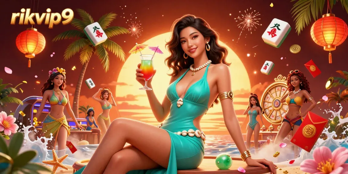 Experience the vibrant energy of rikvip9, showcasing a glamorous scene with tropical elements and casino excitement.
