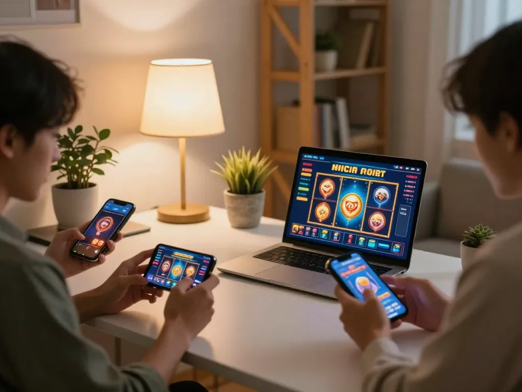 Online slot gamers enjoying Slot Terpercaa on smartphones in a cozy home environment.