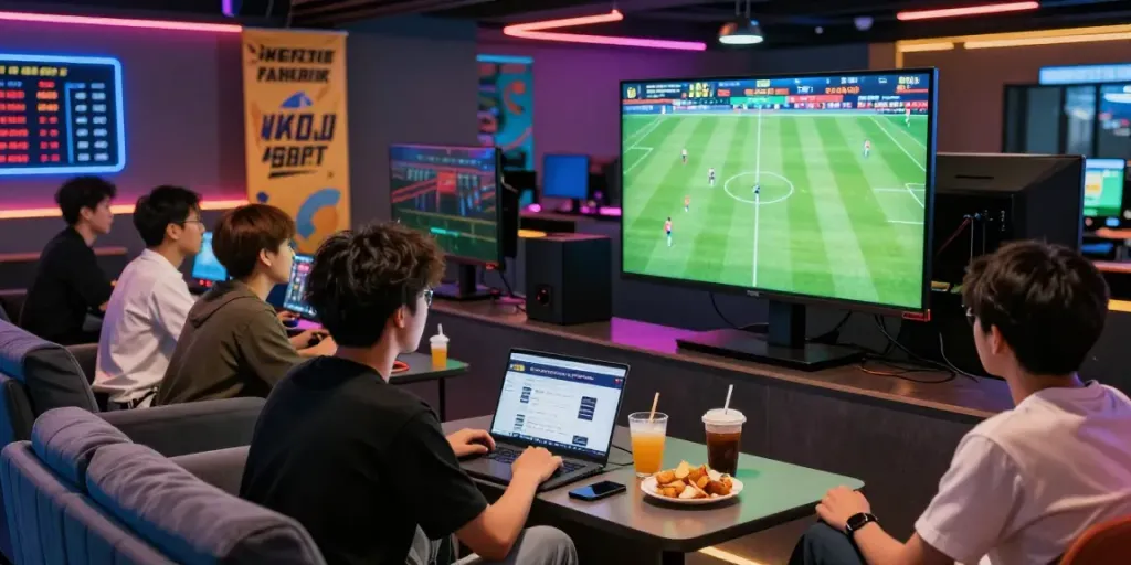 Engaging sports betting scene at https://ku88vt.com/ with young adults enjoying a live match.
