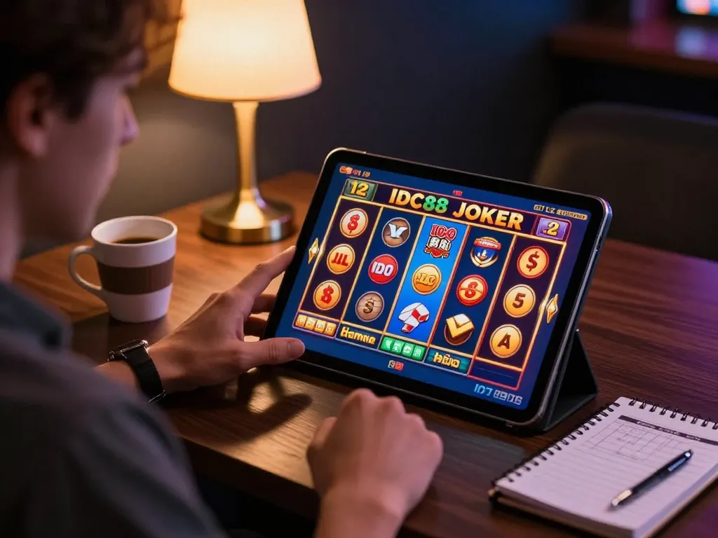 Player enjoying IDC88 JOKER slots on a tablet in a cozy environment with strategy notes.