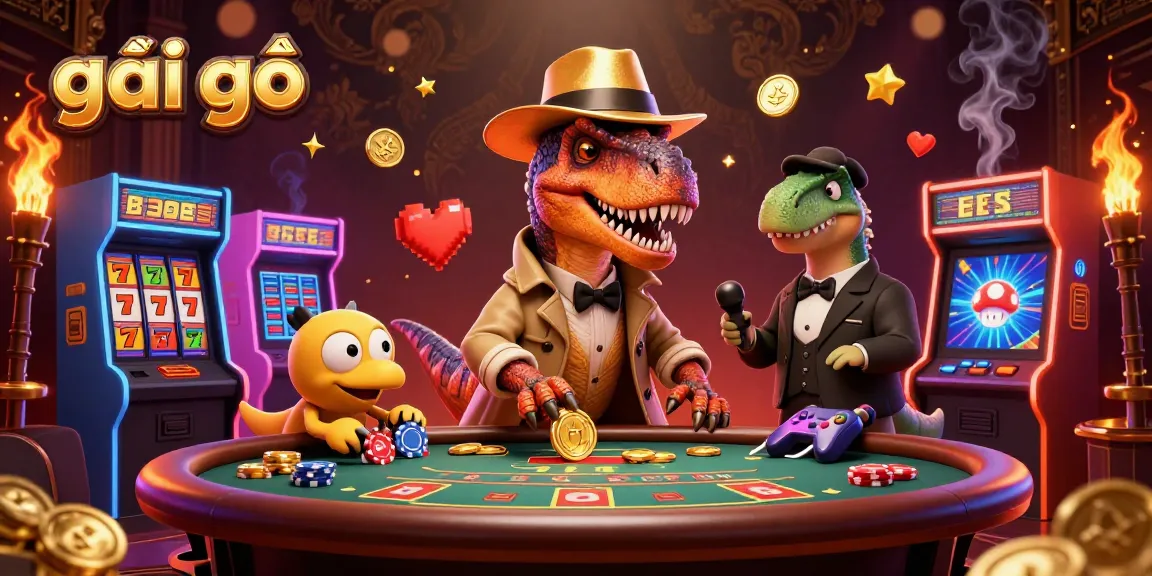 Engage with the vibrant world of gambling as gái gọi interacts with 3D cartoon dinosaurs at a busy slot table.