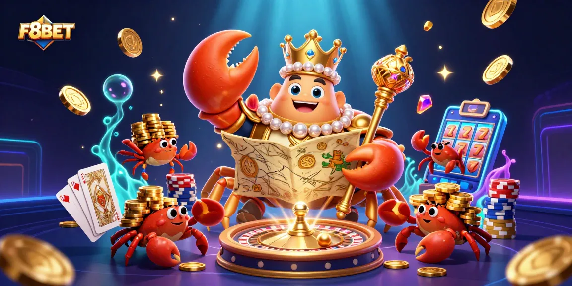 Experience thrilling gameplay at F8BET with an emperor crab surrounded by treasures and casino elements.