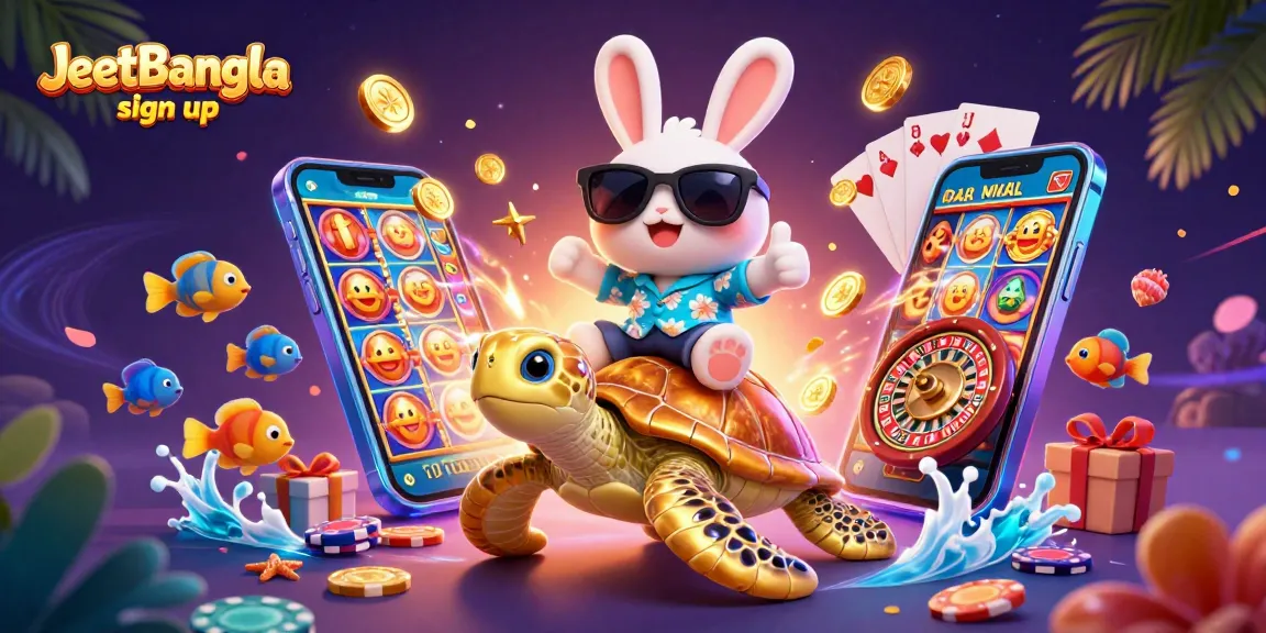 Join JeetBangla sign up and play with a lucky rabbit on a golden turtle amid vibrant casino elements.
