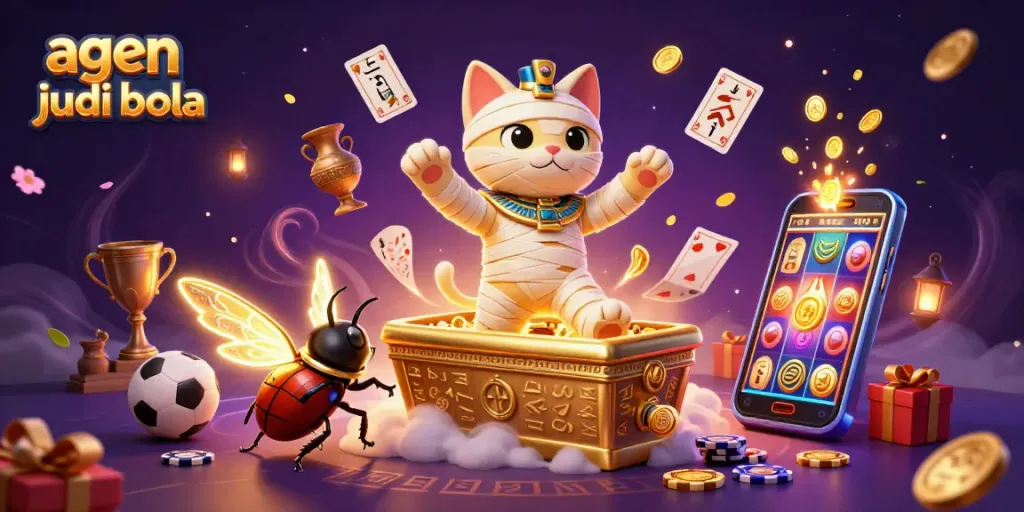 Bet on agen judi bola with vivid sports characters, treasure, and action-packed casino elements.