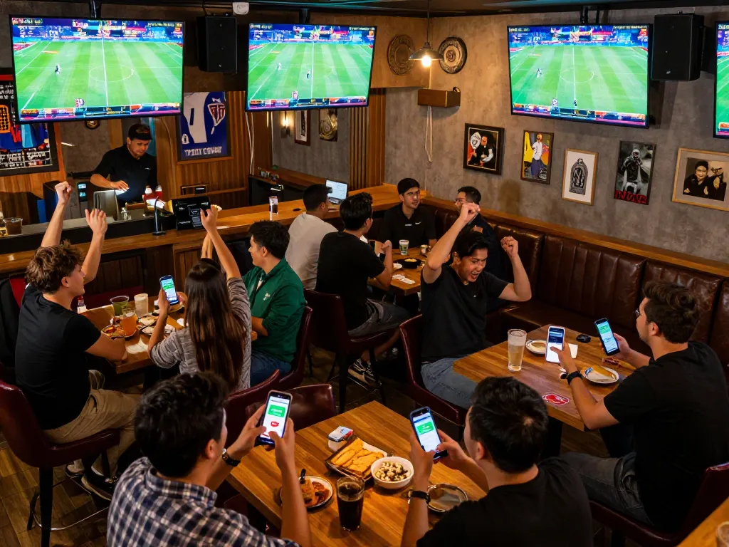 Fans actively betting through Bongdallu at a sports bar enjoying live matches together.